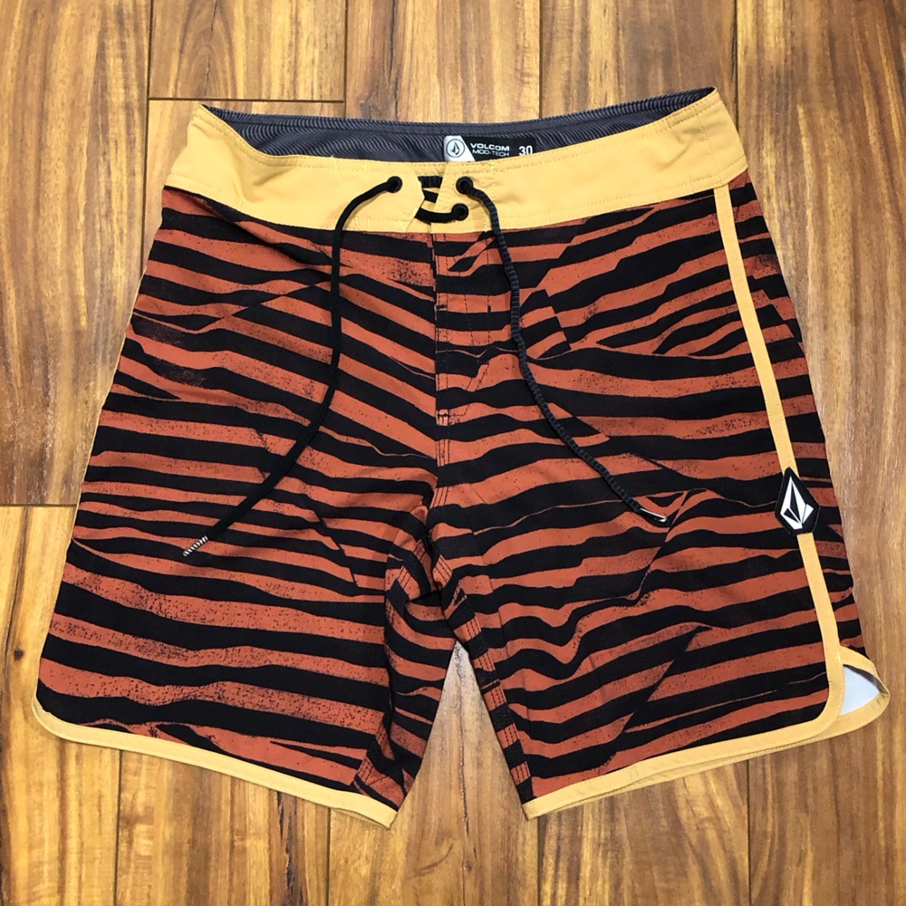Volcom Black and Orange Striped Board Shorts Swim Trunks
